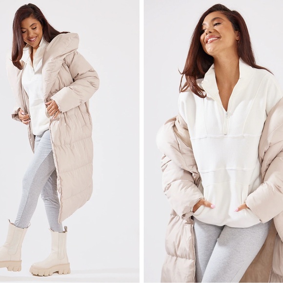 TAUPE CHEVRON QUILTED MAXI PUFFER COAT - Picture 4 of 5